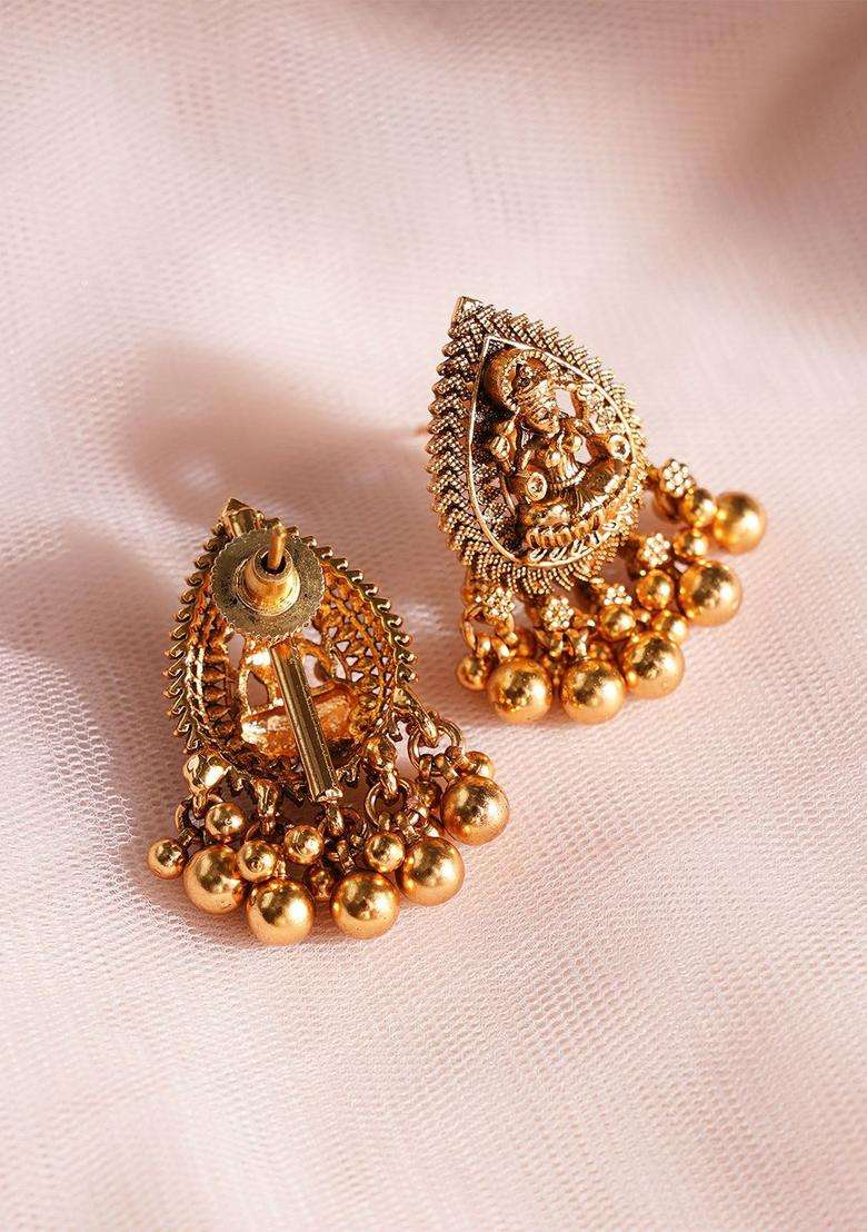 Gold-Plated Teardrop Shaped Temple Drop Earrings for Women | Traditional Temple Jewellery for Wedding & Festive Wear | Gift for Her - Indya