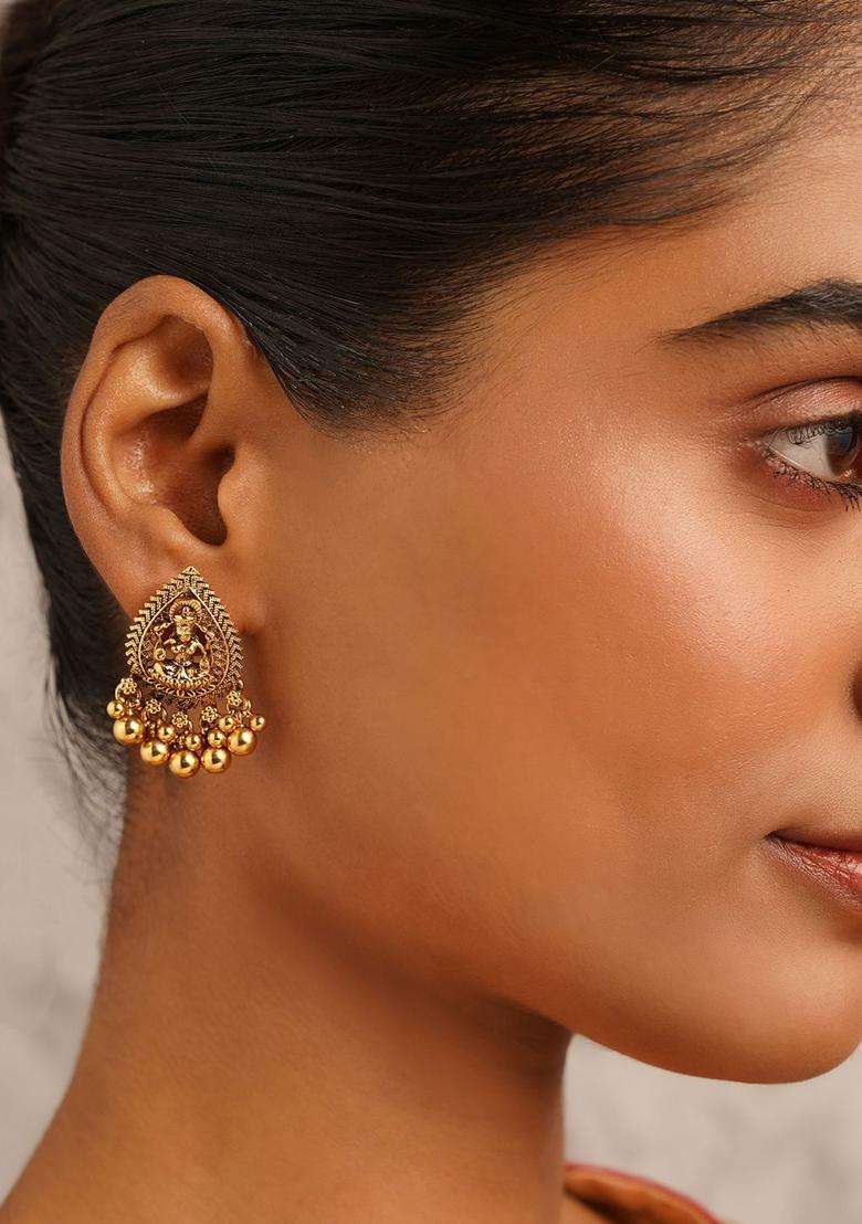 Gold-Plated Teardrop Shaped Temple Drop Earrings for Women | Traditional Temple Jewellery for Wedding & Festive Wear | Gift for Her - Indya