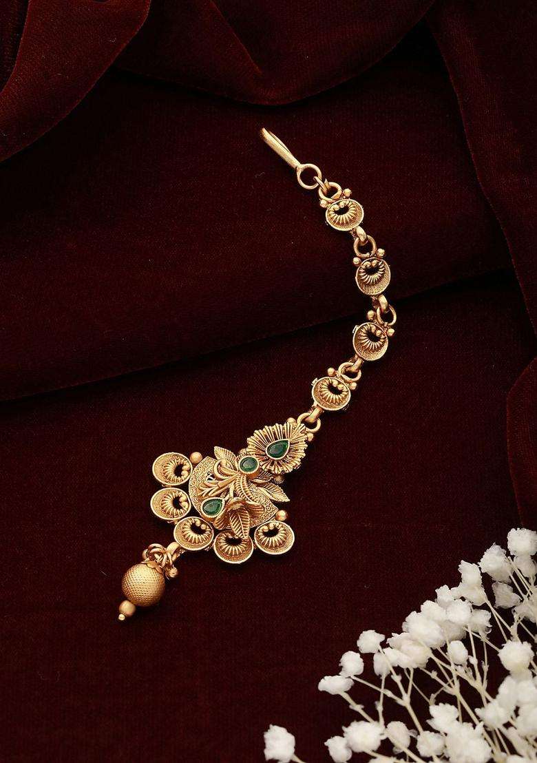 Gold-Plated Stones-Studded Temple Maang Tikka for Women | Traditional Temple Jewellery for Wedding & Festive Wear | Gift for Her - Indya