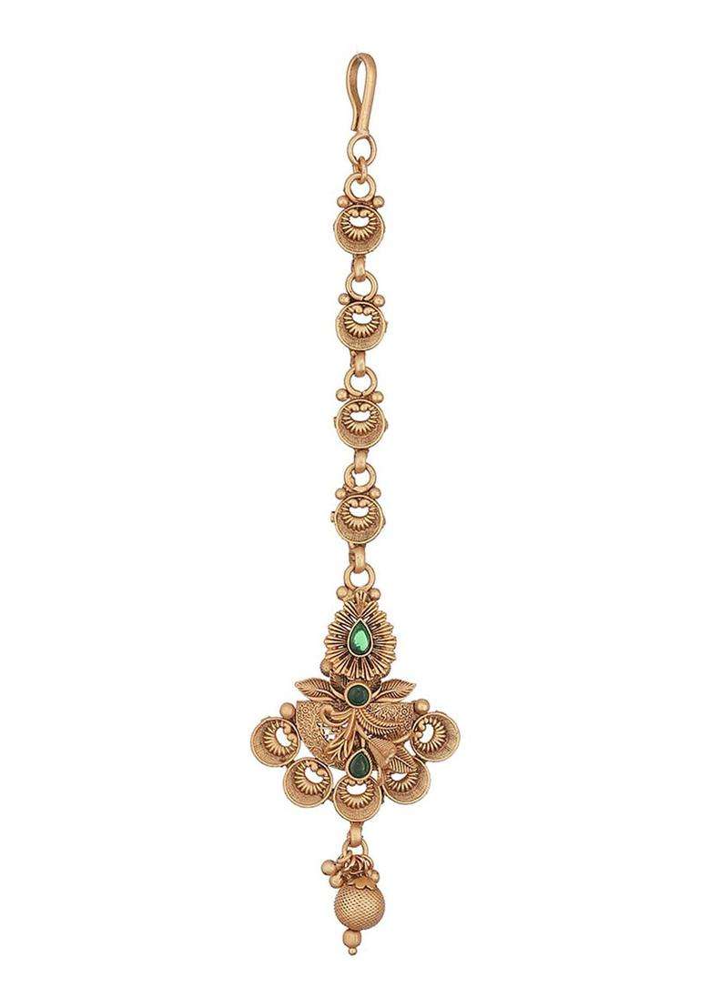 Gold-Plated Stones-Studded Temple Maang Tikka for Women | Traditional Temple Jewellery for Wedding & Festive Wear | Gift for Her - Indya