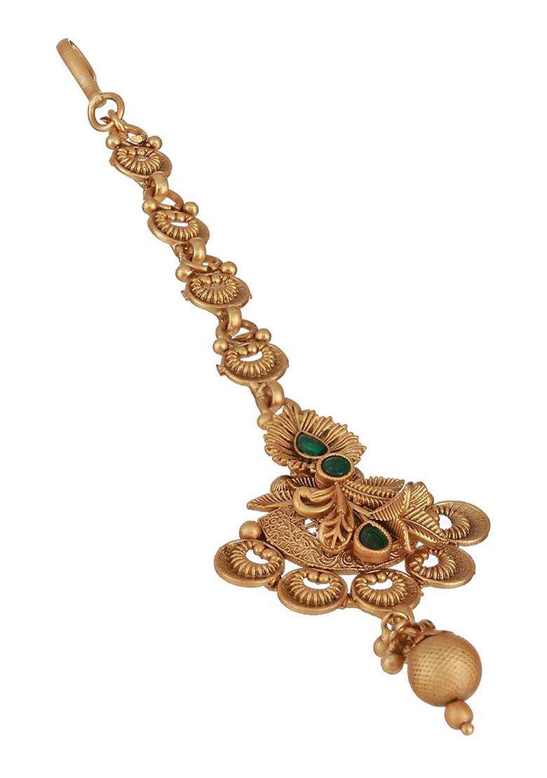 Gold-Plated Stones-Studded Temple Maang Tikka for Women | Traditional Temple Jewellery for Wedding & Festive Wear | Gift for Her - Indya