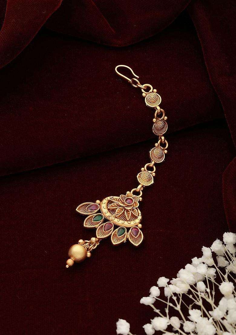 Gold-Plated Artificial Stones and Beads Studded Maang Tikka Head Jewellery for Women | Traditional Temple Jewellery for Wedding & Festive Wear | Gift for Her - Indya