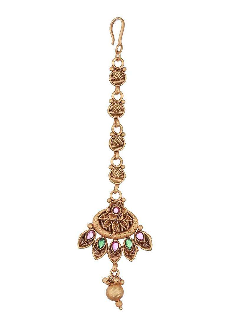 Gold-Plated Artificial Stones and Beads Studded Maang Tikka Head Jewellery for Women | Traditional Temple Jewellery for Wedding & Festive Wear | Gift for Her - Indya