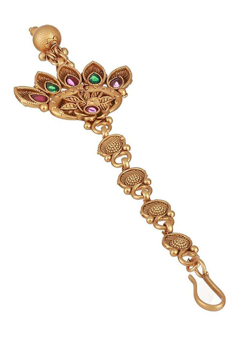 Gold-Plated Artificial Stones and Beads Studded Maang Tikka Head Jewellery for Women | Traditional Temple Jewellery for Wedding & Festive Wear | Gift for Her - Indya