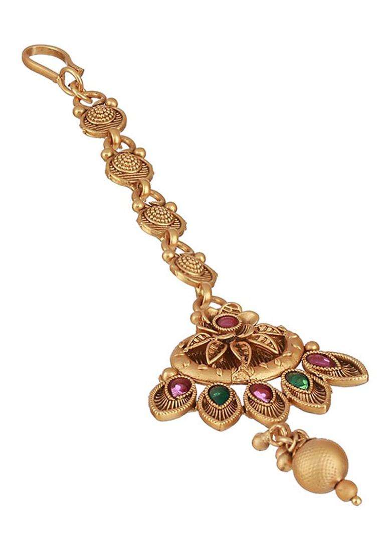 Gold-Plated Artificial Stones and Beads Studded Maang Tikka Head Jewellery for Women | Traditional Temple Jewellery for Wedding & Festive Wear | Gift for Her - Indya