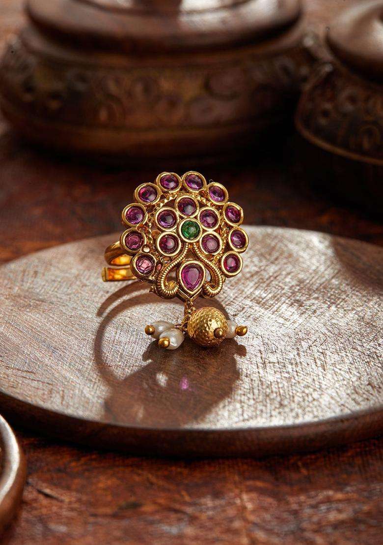 Gold-Plated Stone Studded Adjustable Finger Ring for Women | Traditional Temple Jewellery for Wedding & Festive Wear | Gift for Her - Indya
