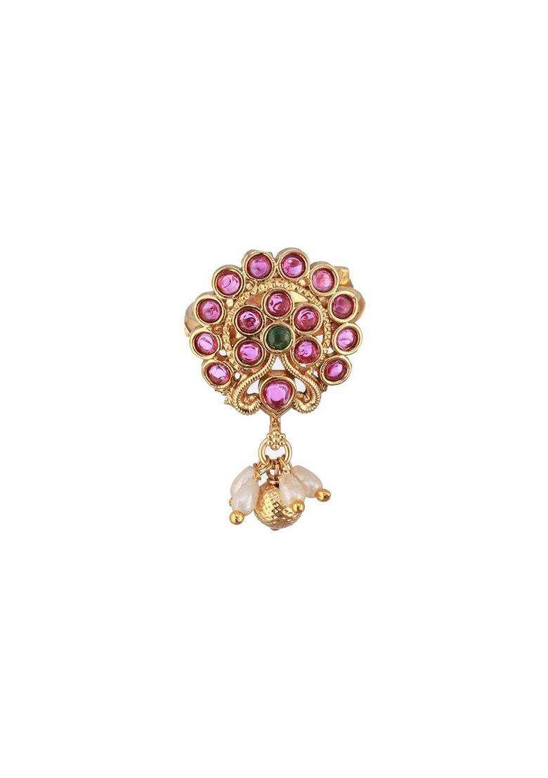 Gold-Plated Stone Studded Adjustable Finger Ring for Women | Traditional Temple Jewellery for Wedding & Festive Wear | Gift for Her - Indya
