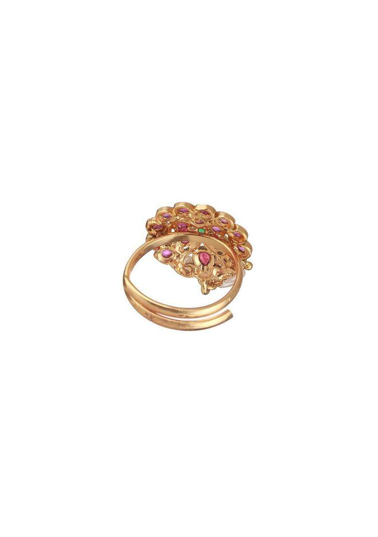 Gold-Plated Stone Studded Adjustable Finger Ring for Women | Traditional Temple Jewellery for Wedding & Festive Wear | Gift for Her - Indya