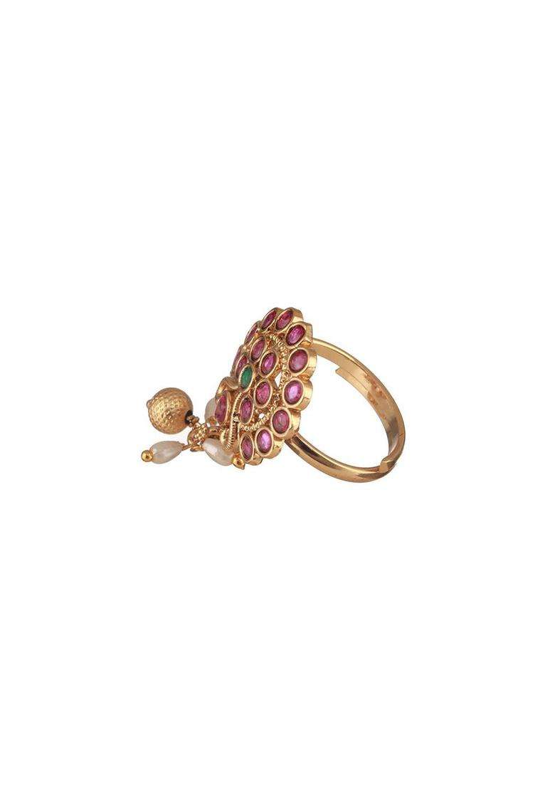 Gold-Plated Stone Studded Adjustable Finger Ring for Women | Traditional Temple Jewellery for Wedding & Festive Wear | Gift for Her - Indya