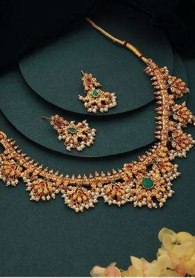 Gold-Plated Stone-Studded & Beaded Necklace & Earrings for Women | Traditional Temple Jewellery for Wedding & Festive Wear | Gift for Her