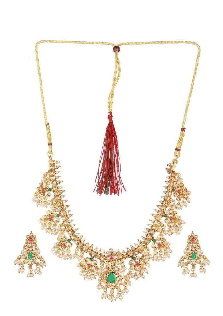 Gold-Plated Stone-Studded & Beaded Necklace & Earrings for Women | Traditional Temple Jewellery for Wedding & Festive Wear | Gift for Her - Indya