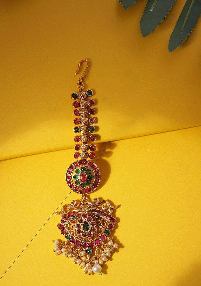 Gold-Plated Red Stone-Studded Maang Tikka for Women | Traditional Temple Jewellery for Wedding & Festive Wear | Gift for Her - Indya