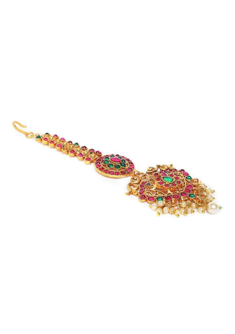 Gold-Plated Red Stone-Studded Maang Tikka for Women | Traditional Temple Jewellery for Wedding & Festive Wear | Gift for Her - Indya