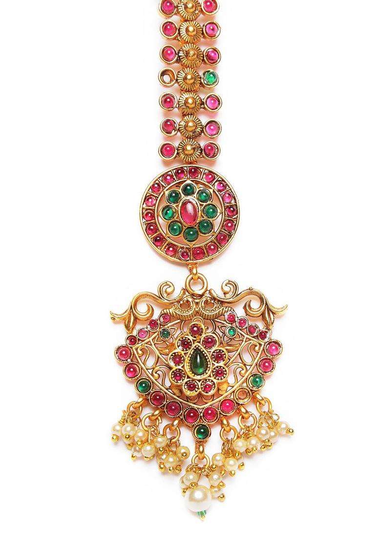 Gold-Plated Red Stone-Studded Maang Tikka for Women | Traditional Temple Jewellery for Wedding & Festive Wear | Gift for Her - Indya