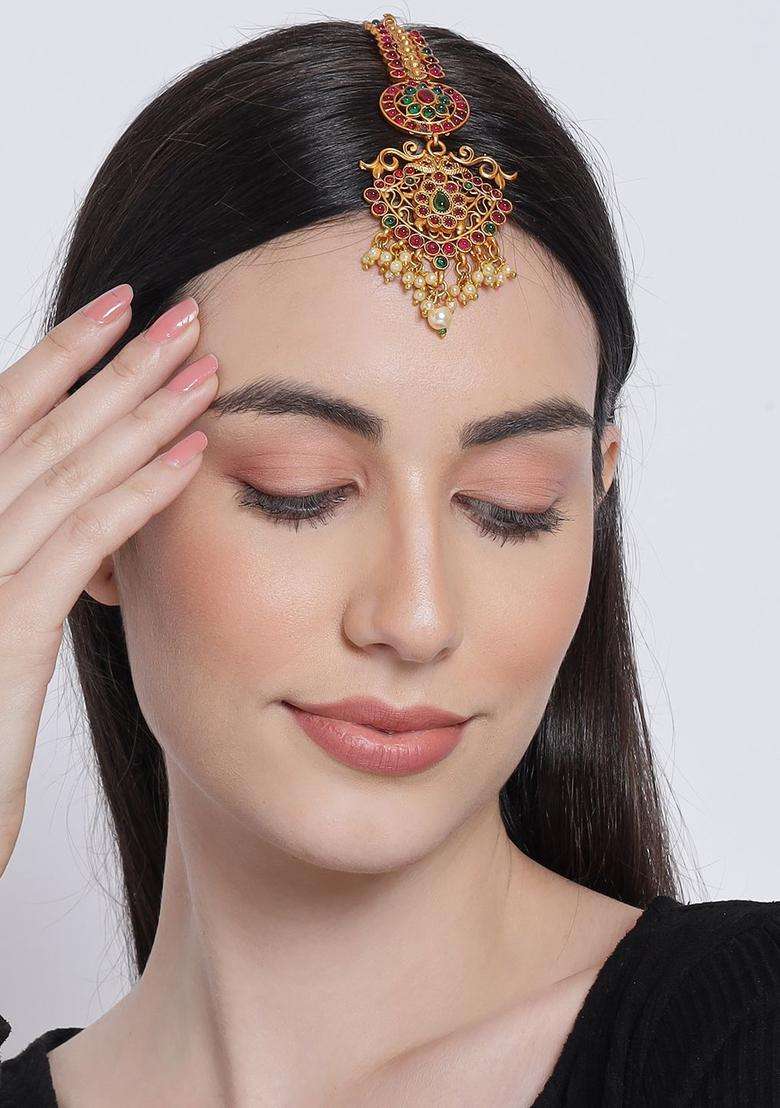 Gold-Plated Red Stone-Studded Maang Tikka for Women | Traditional Temple Jewellery for Wedding & Festive Wear | Gift for Her - Indya