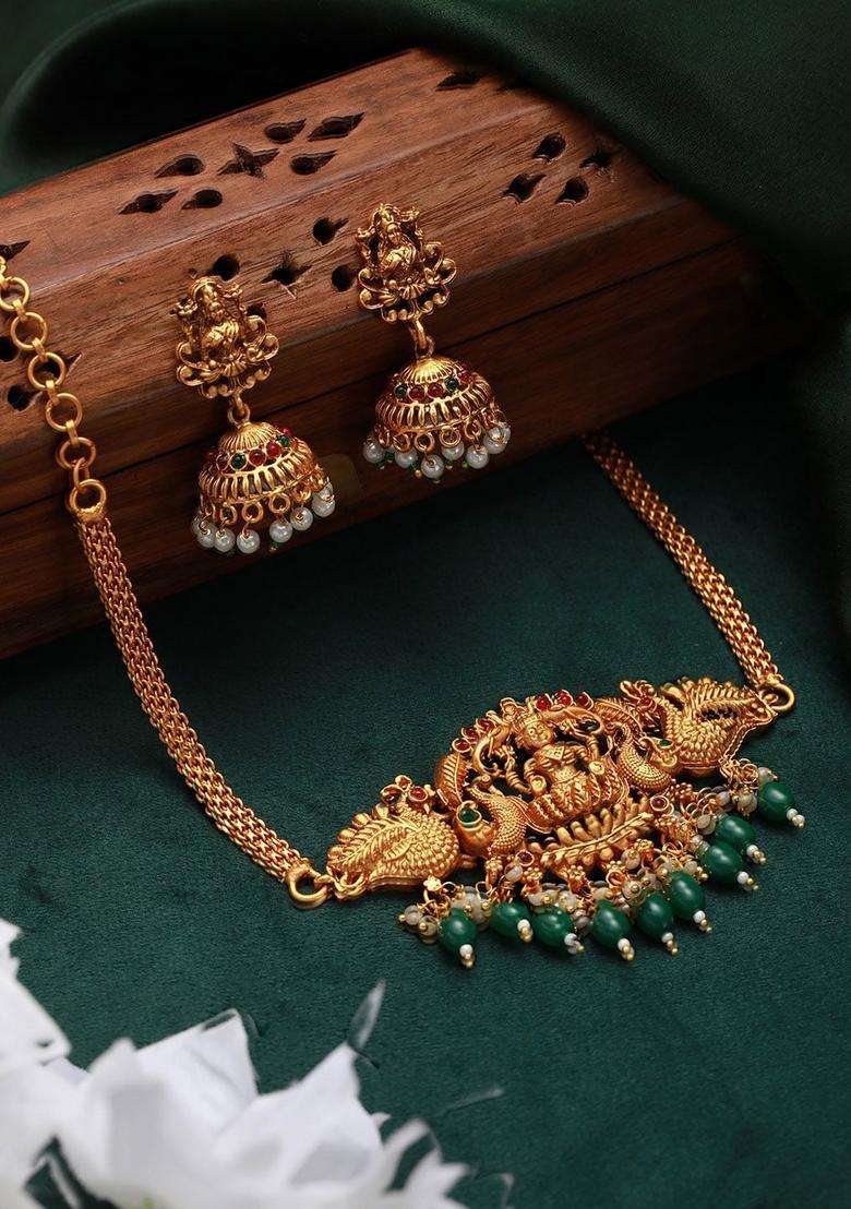 Gold-Plated Stone-Studded & Beaded Lakshmi Temple Jewellery Set for Women | Traditional Temple Jewellery for Wedding & Festive Wear | Gift for Her - Indya