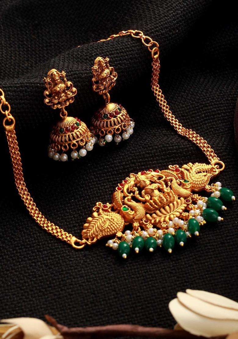 Gold-Plated Stone-Studded & Beaded Lakshmi Temple Jewellery Set for Women | Traditional Temple Jewellery for Wedding & Festive Wear | Gift for Her - Indya