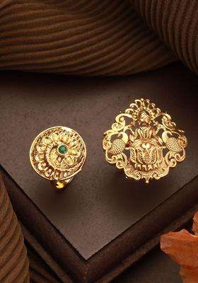 Set of 2 Gold-Plated Artificial Stone Studded Temple Finger Rings for Women | Traditional Temple Jewellery for Wedding & Festive Wear | Gift for Her