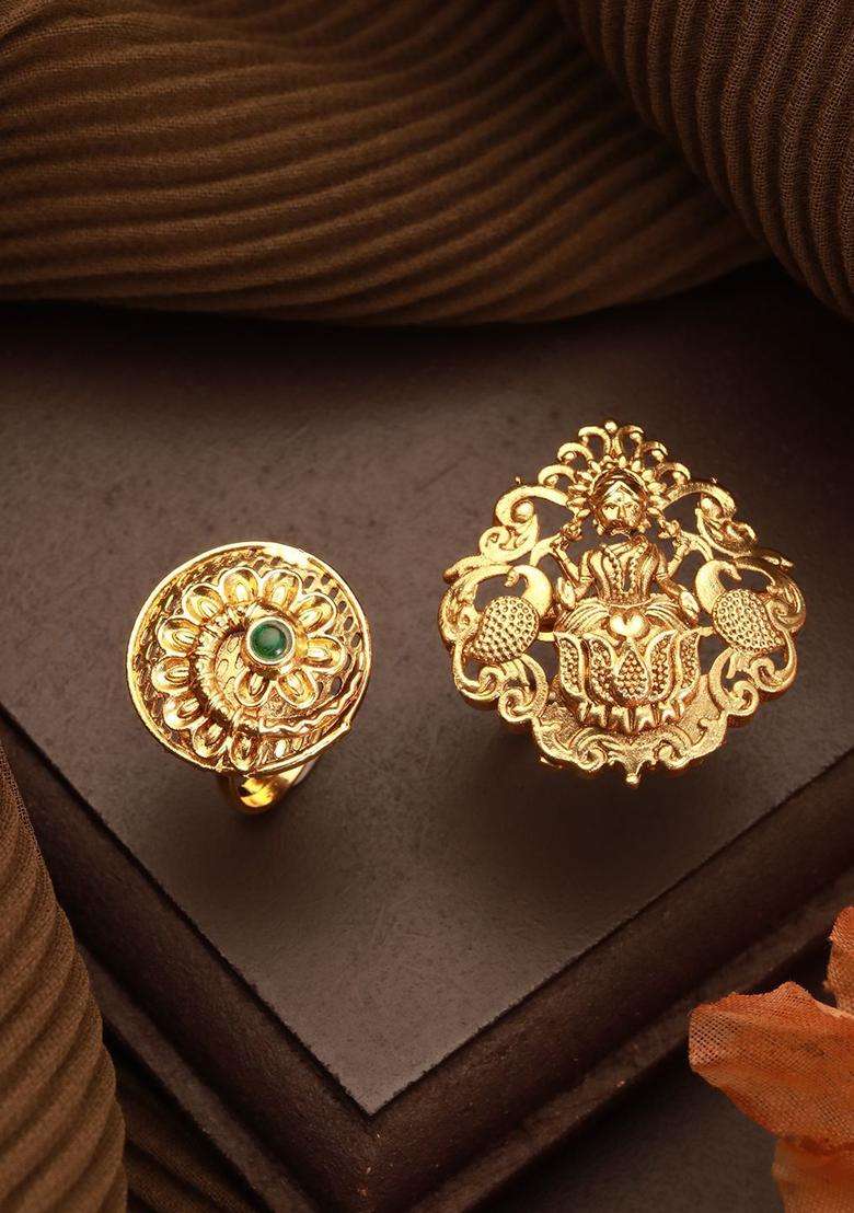Set of 2 Gold-Plated Artificial Stone Studded Temple Finger Rings for Women | Traditional Temple Jewellery for Wedding & Festive Wear | Gift for Her - Indya