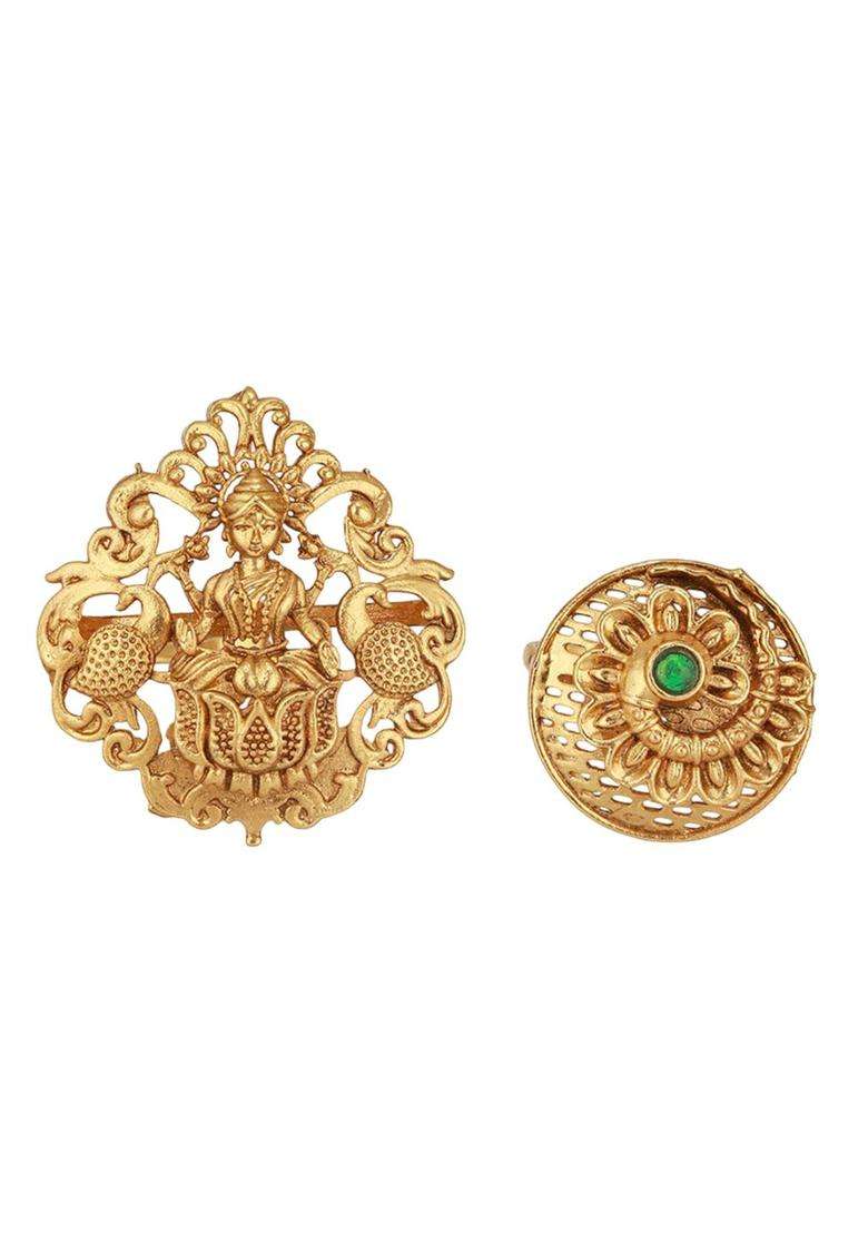 Set of 2 Gold-Plated Artificial Stone Studded Temple Finger Rings for Women | Traditional Temple Jewellery for Wedding & Festive Wear | Gift for Her - Indya