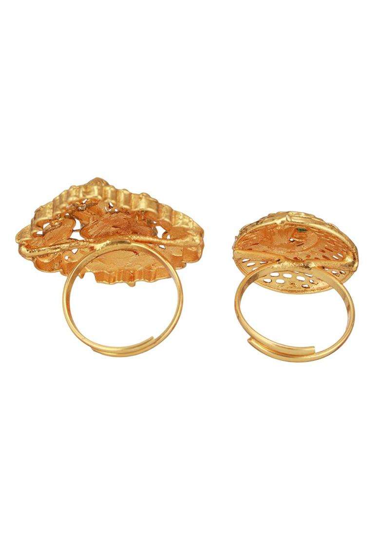Set of 2 Gold-Plated Artificial Stone Studded Temple Finger Rings for Women | Traditional Temple Jewellery for Wedding & Festive Wear | Gift for Her - Indya