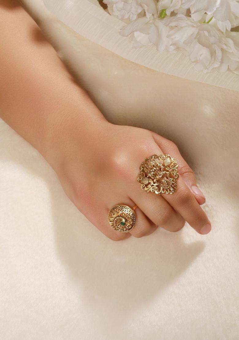 Set of 2 Gold-Plated Artificial Stone Studded Temple Finger Rings for Women | Traditional Temple Jewellery for Wedding & Festive Wear | Gift for Her - Indya