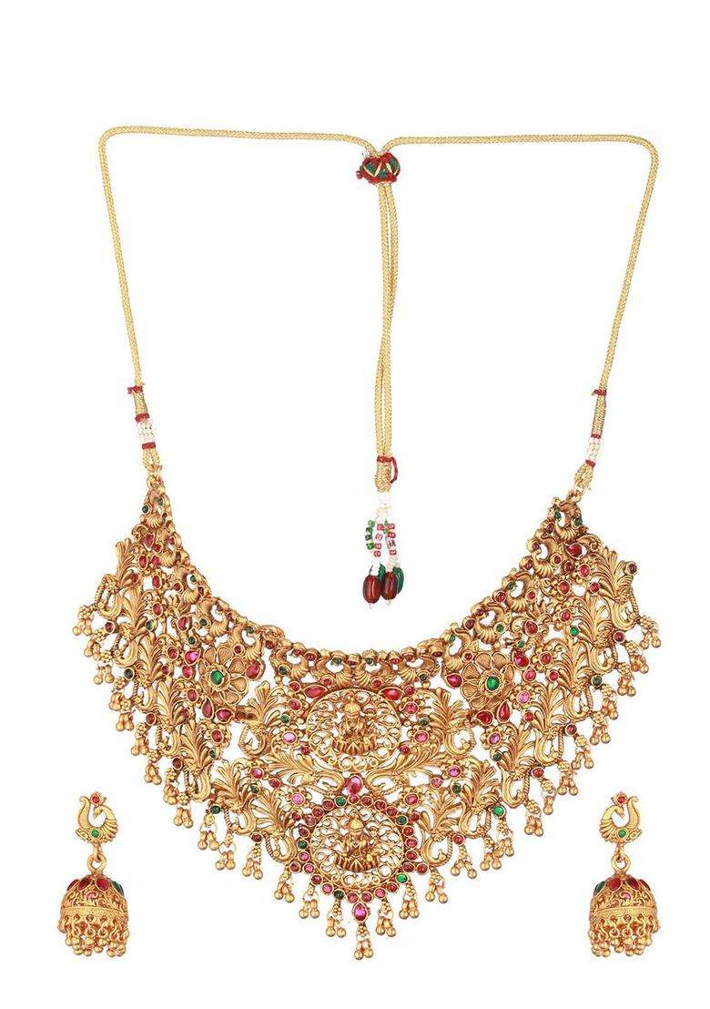 Gold-Plated Stone-Studded & Beaded Necklace & Earrings for Women | Traditional Temple Jewellery for Wedding & Festive Wear | Gift for Her - Indya