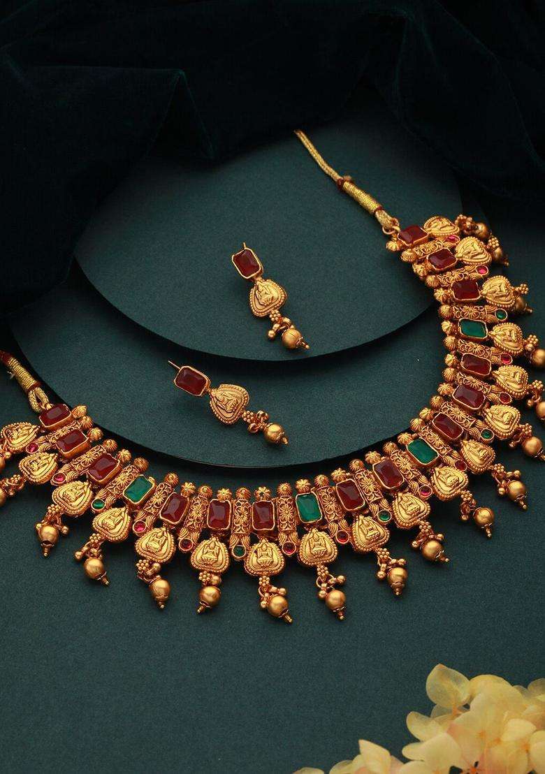 Gold-Plated Stone-Studded Necklace & Earrings for Women | Traditional Temple Jewellery for Wedding & Festive Wear | Gift for Her - Indya