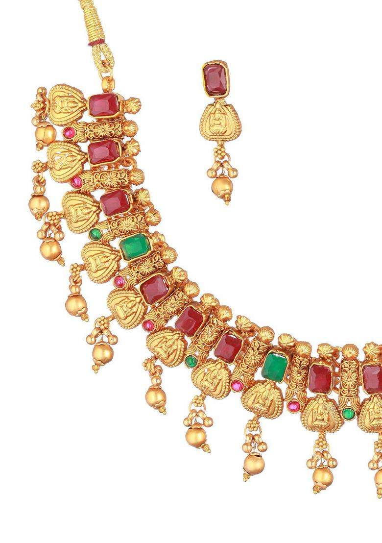 Gold-Plated Stone-Studded Necklace & Earrings for Women | Traditional Temple Jewellery for Wedding & Festive Wear | Gift for Her - Indya