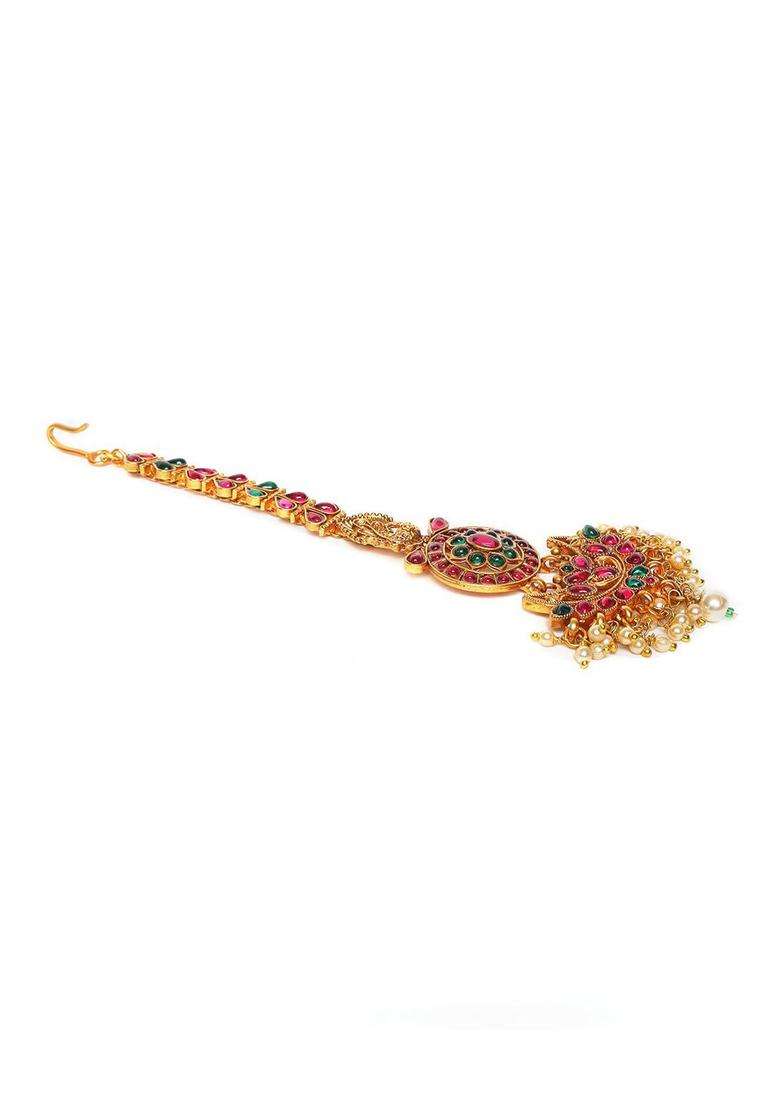 Gold-Plated Red & Green Kemp-Studded & Pearl Beaded Peacock Maangtikka for Women | Traditional Temple Jewellery for Wedding & Festive Wear | Gift for Her - Indya