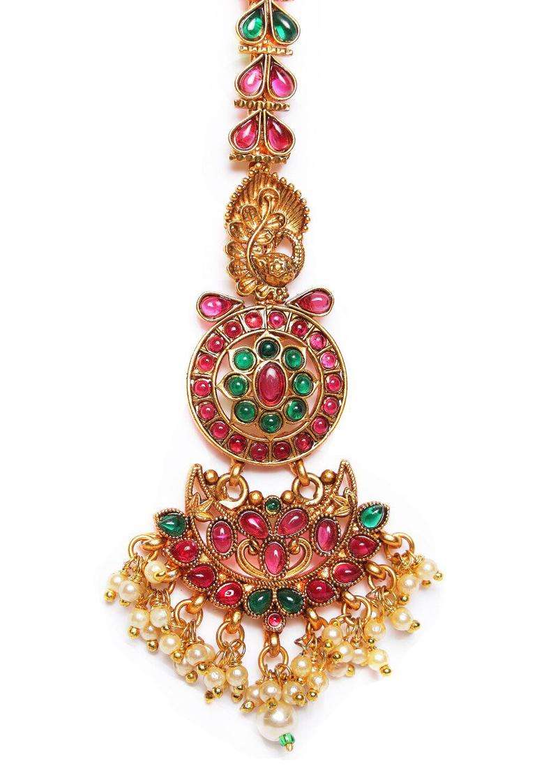 Gold-Plated Red & Green Kemp-Studded & Pearl Beaded Peacock Maangtikka for Women | Traditional Temple Jewellery for Wedding & Festive Wear | Gift for Her - Indya