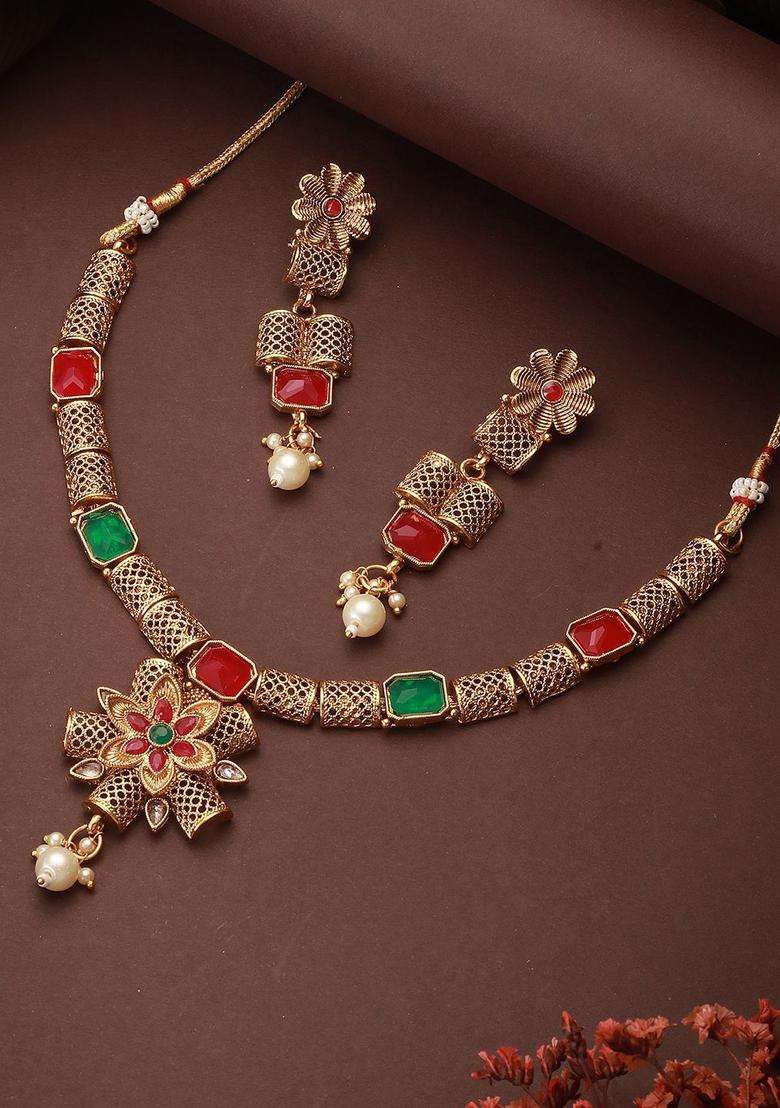 Gold-Plated Kundan Studded Jewellery Set for Women | Traditional Temple Jewellery for Wedding & Festive Wear | Gift for Her - Indya