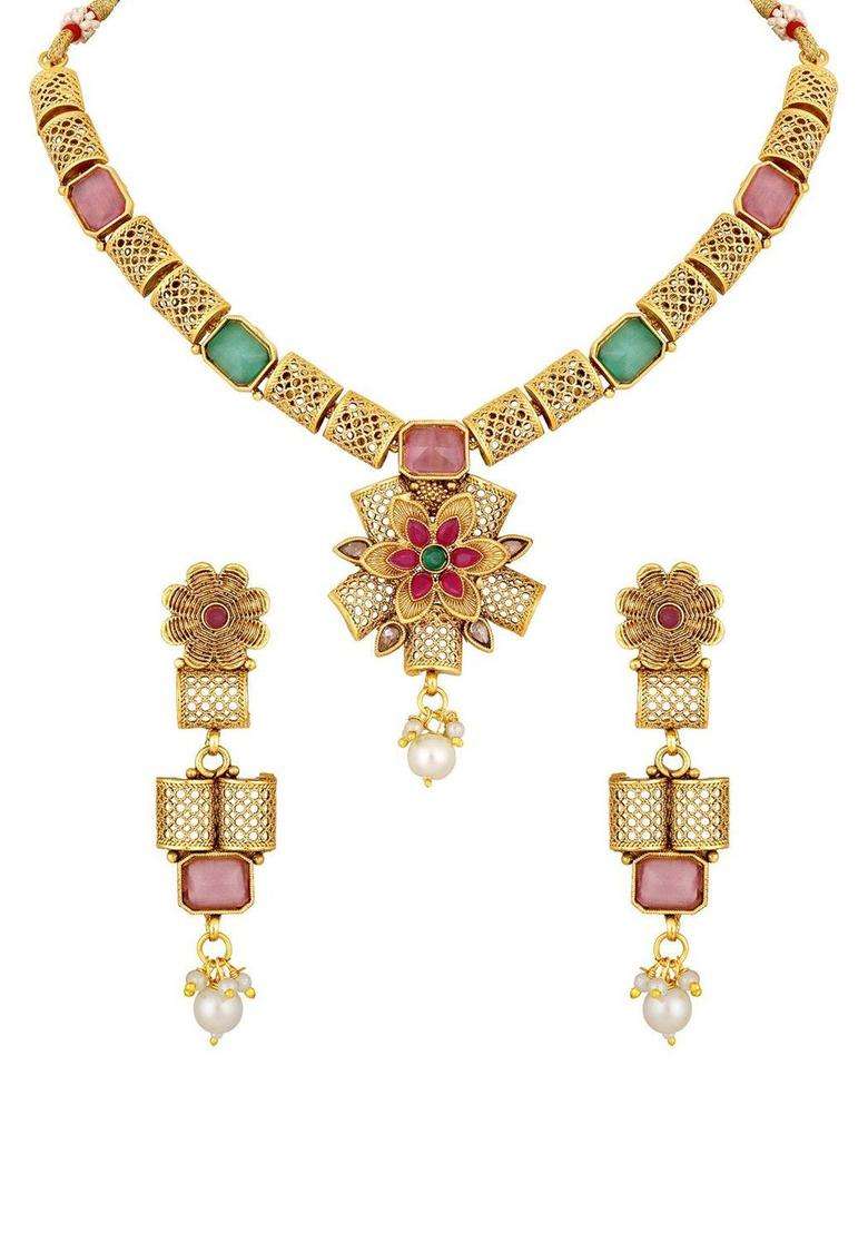 Gold-Plated Kundan Studded Jewellery Set for Women | Traditional Temple Jewellery for Wedding & Festive Wear | Gift for Her - Indya
