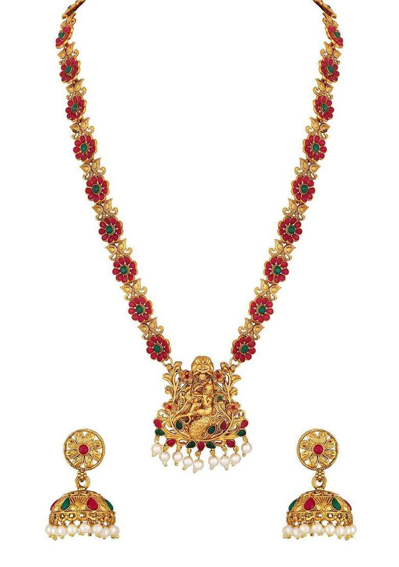 Gold-Plated Stone-Studded & Beaded Jewellery Set for Women | Traditional Temple Jewellery for Wedding & Festive Wear | Gift for Her - Indya