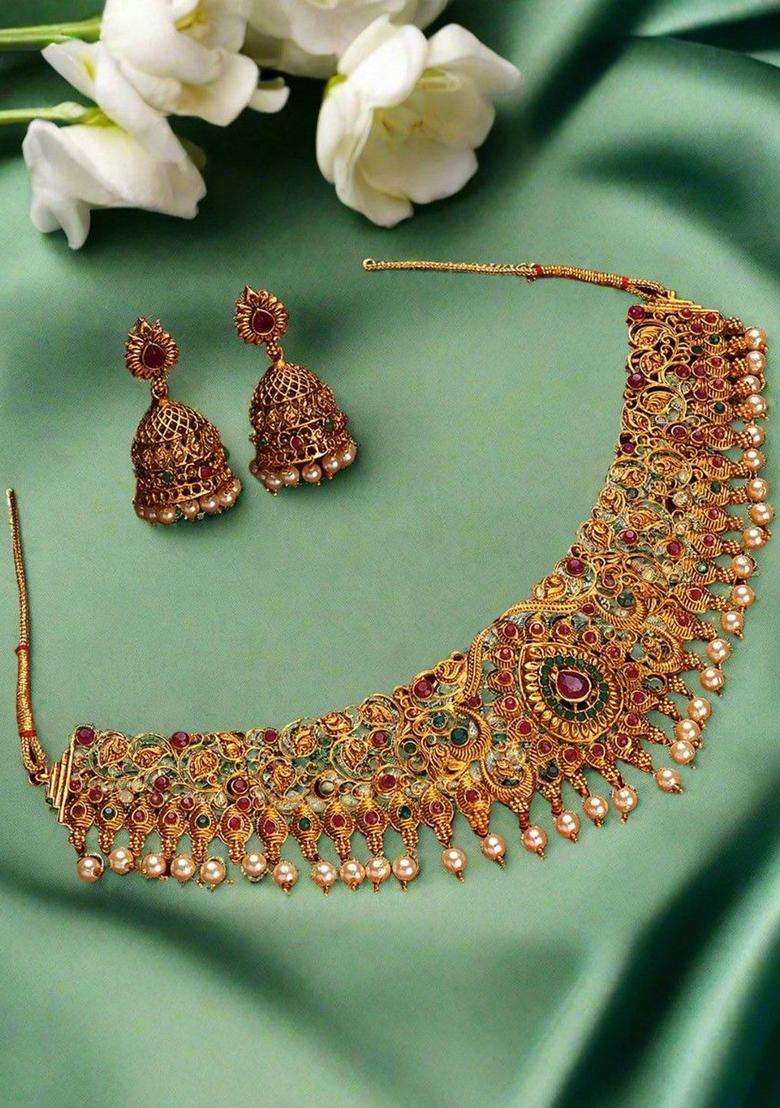 Gold-Plated Stone-Studded & Beaded Jewellery Set for Women | Traditional Temple Jewellery for Wedding & Festive Wear | Gift for Her - Indya
