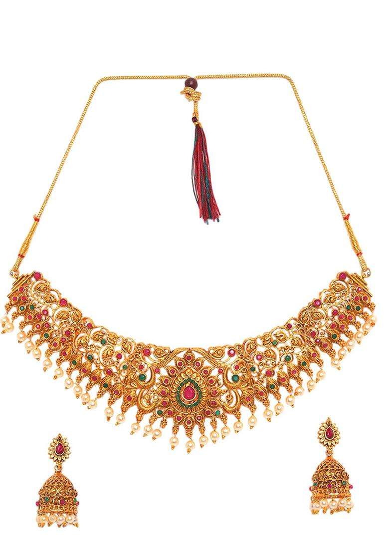 Gold-Plated Stone-Studded & Beaded Jewellery Set for Women | Traditional Temple Jewellery for Wedding & Festive Wear | Gift for Her - Indya