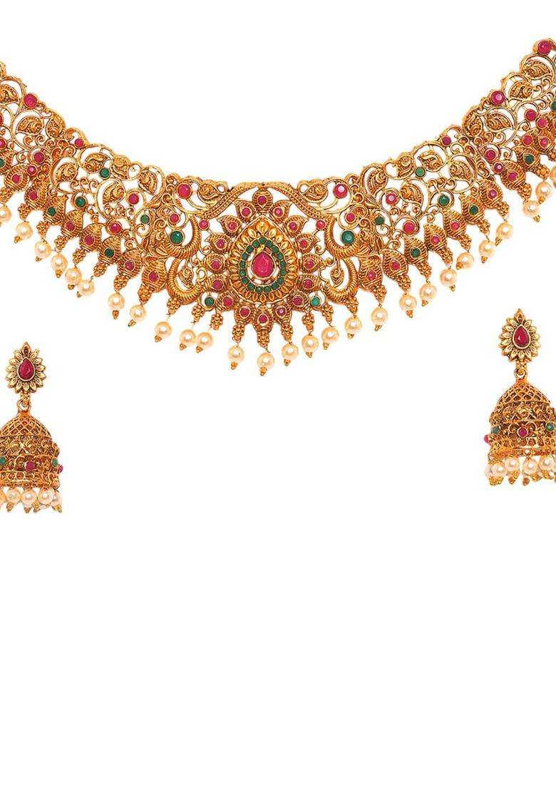 Gold-Plated Stone-Studded & Beaded Jewellery Set for Women | Traditional Temple Jewellery for Wedding & Festive Wear | Gift for Her - Indya