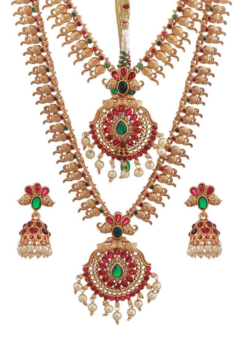 Set of 2 Gold-Plated Stone-Studded & Beaded Jewellery Sets for Women | Traditional Temple Jewellery for Wedding & Festive Wear | Gift for Her - Indya
