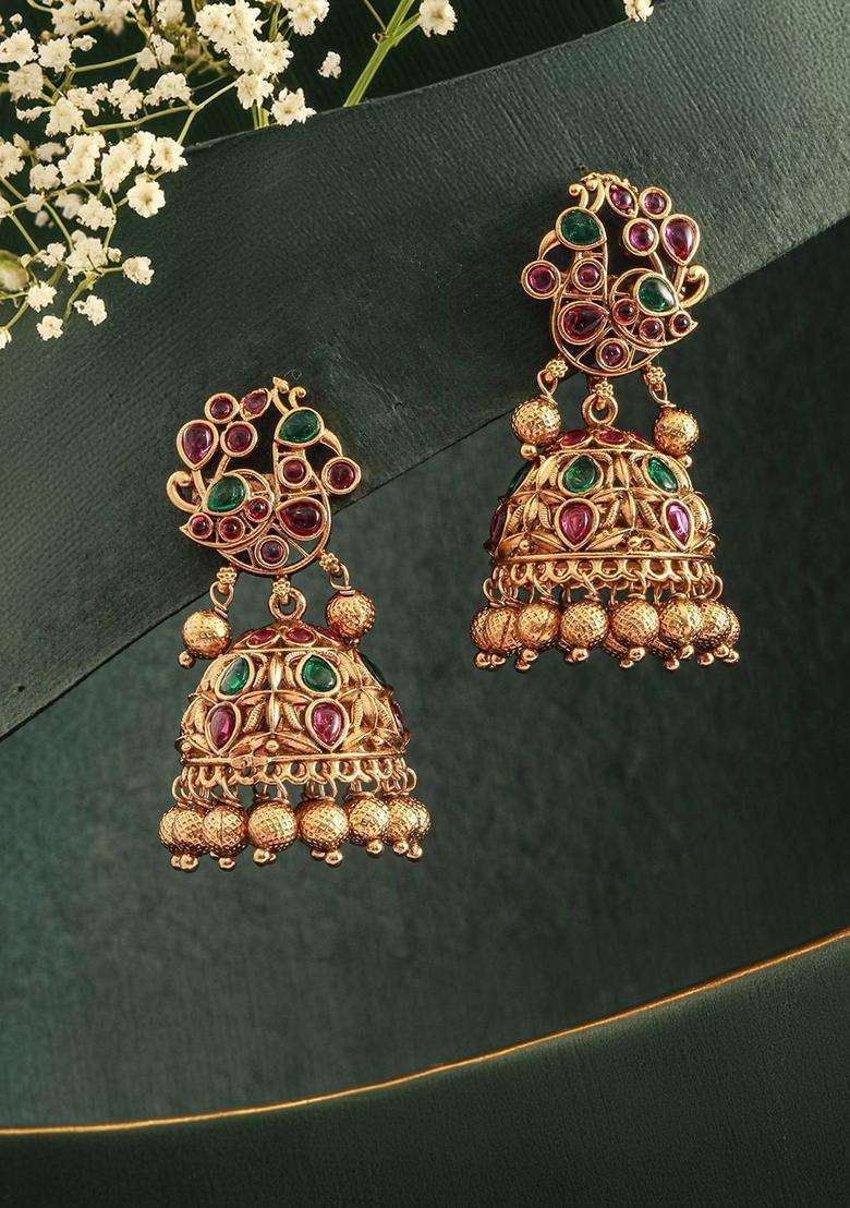 Gold-Plated Peacock Shaped Jhumkas Earrings for Women | Traditional Temple Jewellery for Wedding & Festive Wear | Gift for Her - Indya