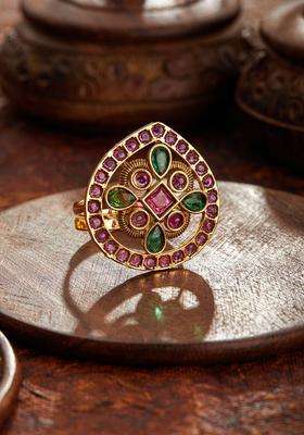 Gold-Plated Stones Studded Adjustable Finger Ring for Women | Traditional Temple Jewellery for Wedding & Festive Wear | Gift for Her