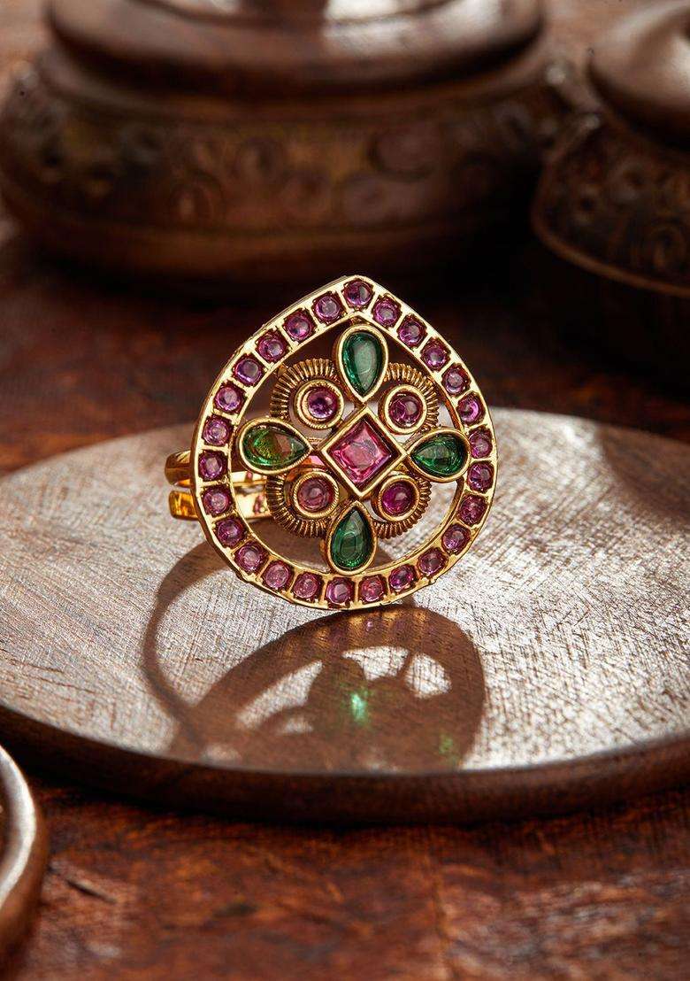 Gold-Plated Stones Studded Adjustable Finger Ring for Women | Traditional Temple Jewellery for Wedding & Festive Wear | Gift for Her - Indya