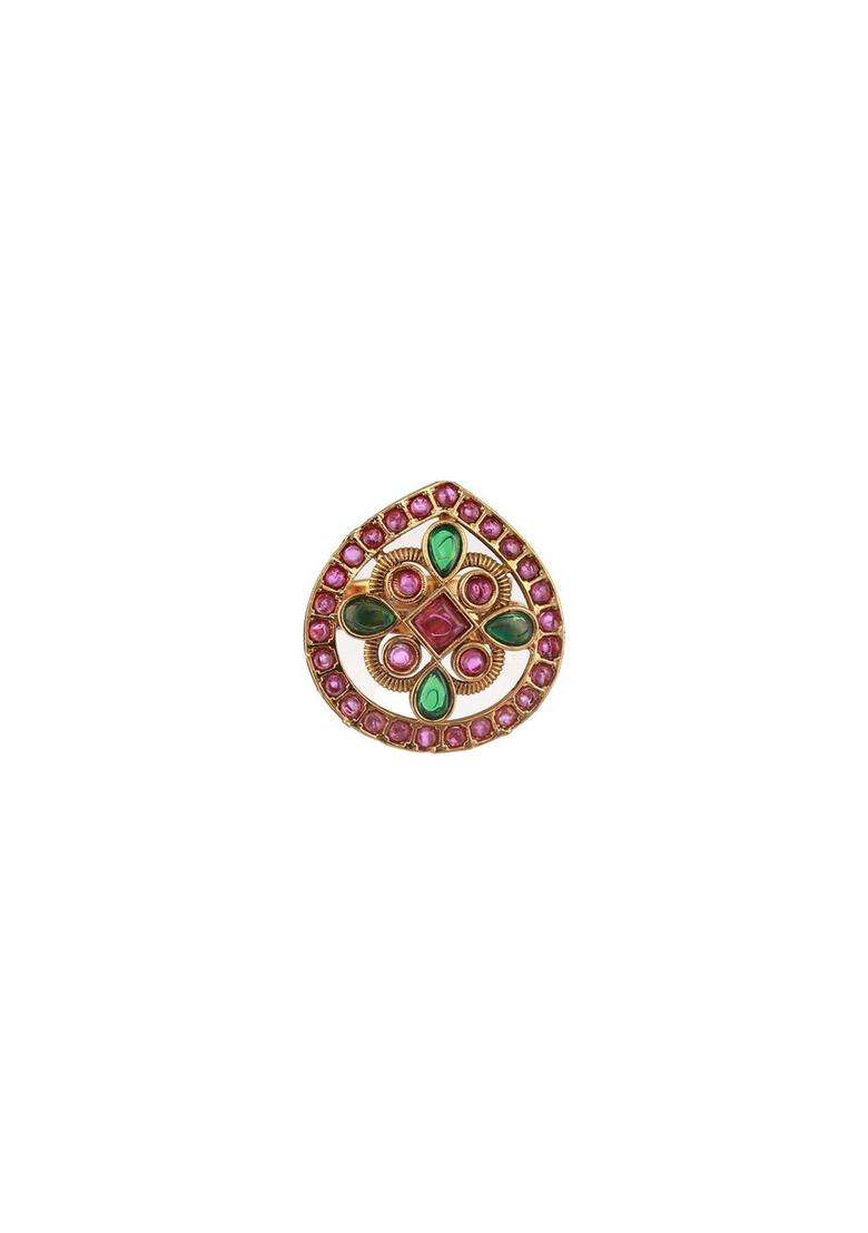 Gold-Plated Stones Studded Adjustable Finger Ring for Women | Traditional Temple Jewellery for Wedding & Festive Wear | Gift for Her - Indya