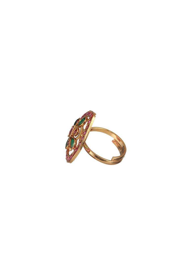 Gold-Plated Stones Studded Adjustable Finger Ring for Women | Traditional Temple Jewellery for Wedding & Festive Wear | Gift for Her - Indya