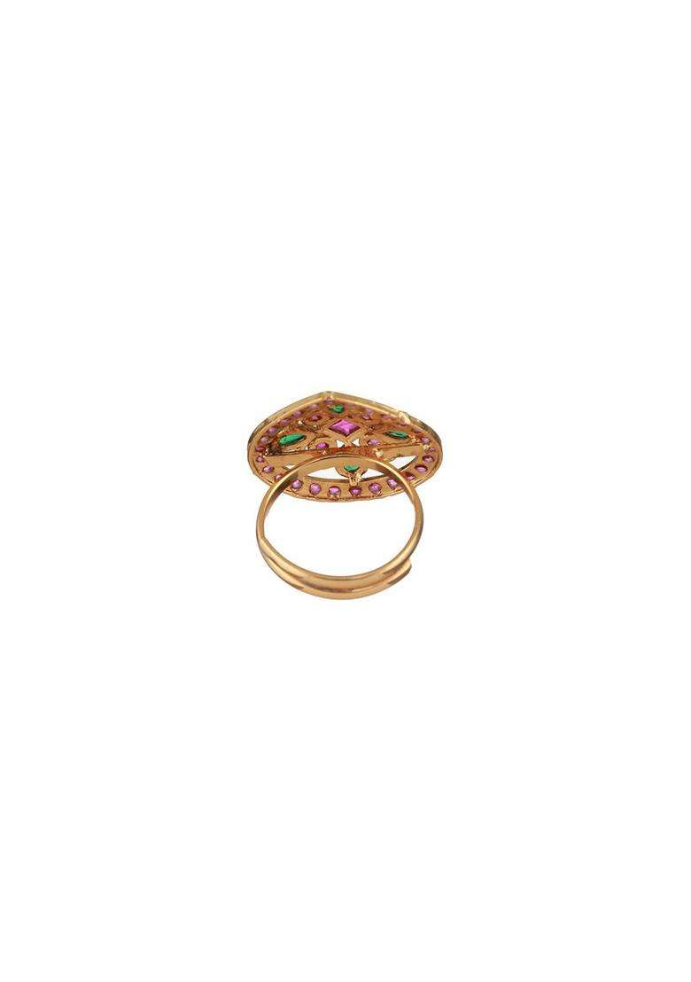 Gold-Plated Stones Studded Adjustable Finger Ring for Women | Traditional Temple Jewellery for Wedding & Festive Wear | Gift for Her - Indya