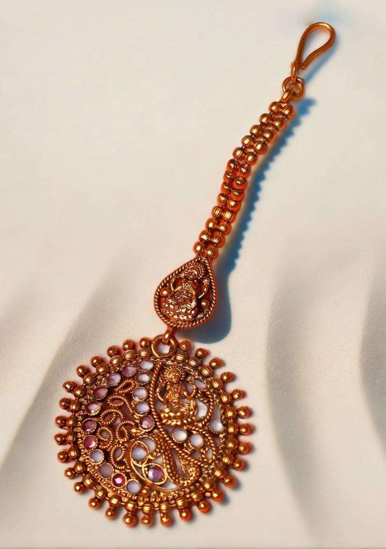 Gold-Plated Artificial Stones Studded Maang Tikka Head Jewellery for Women | Traditional Temple Jewellery for Wedding & Festive Wear | Gift for Her - Indya