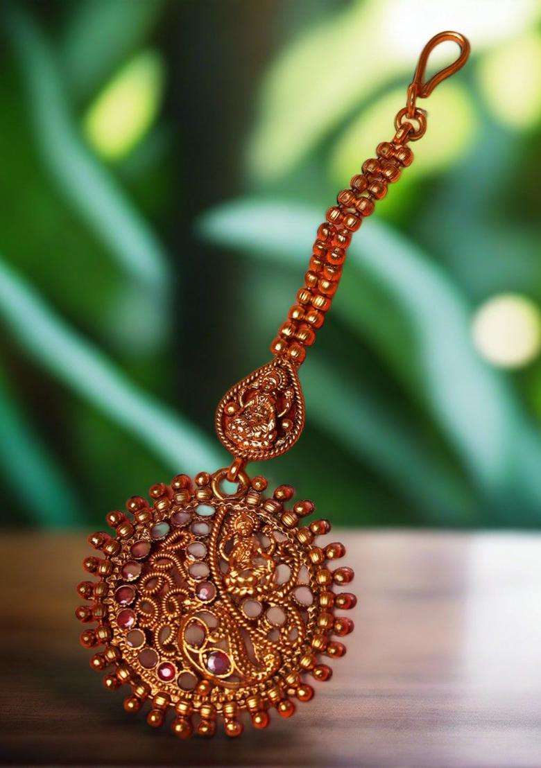 Gold-Plated Artificial Stones Studded Maang Tikka Head Jewellery for Women | Traditional Temple Jewellery for Wedding & Festive Wear | Gift for Her - Indya