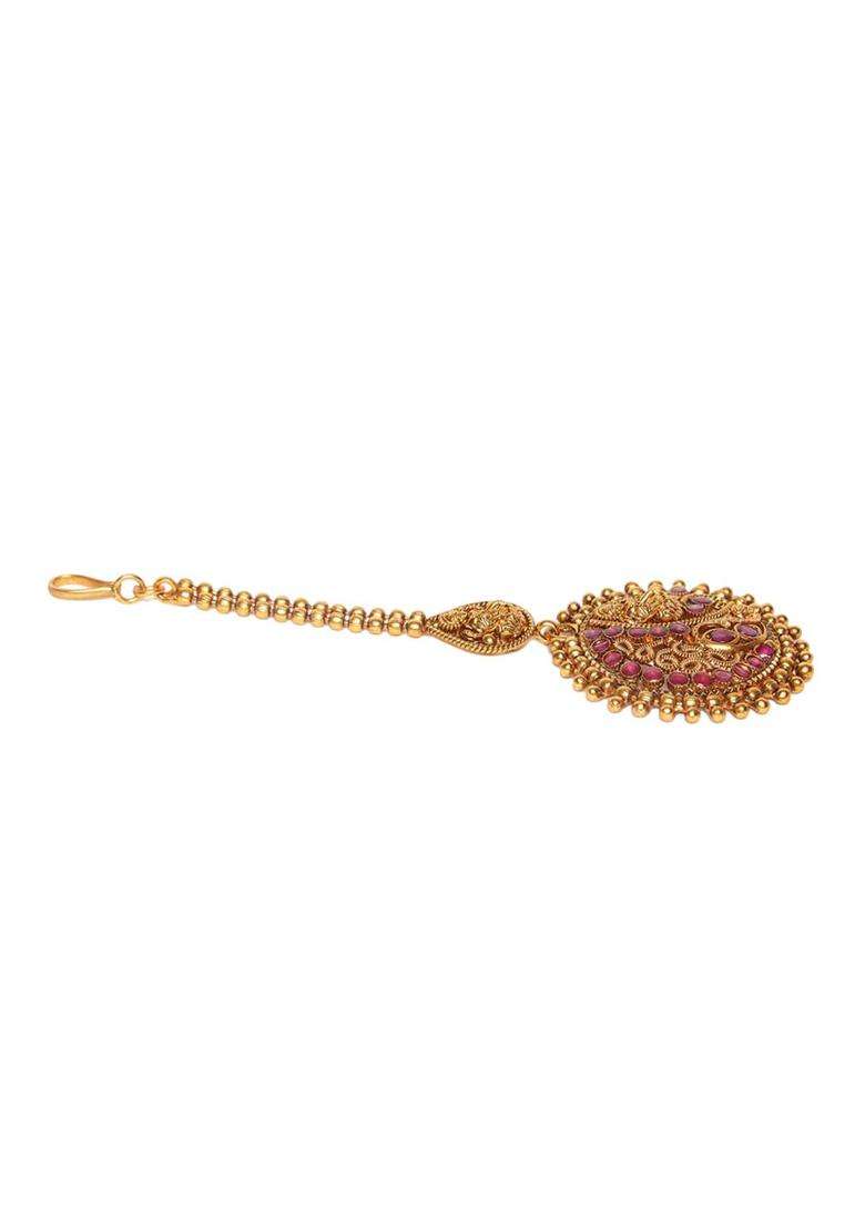 Gold-Plated Artificial Stones Studded Maang Tikka Head Jewellery for Women | Traditional Temple Jewellery for Wedding & Festive Wear | Gift for Her - Indya