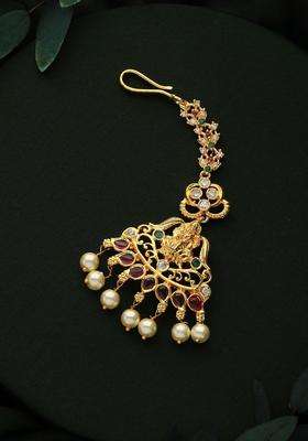 Gold-Plated AD Studded & Pearl Beaded Lakshmi Maang Tikka for Women | Traditional Temple Jewellery for Wedding & Festive Wear | Gift for Her