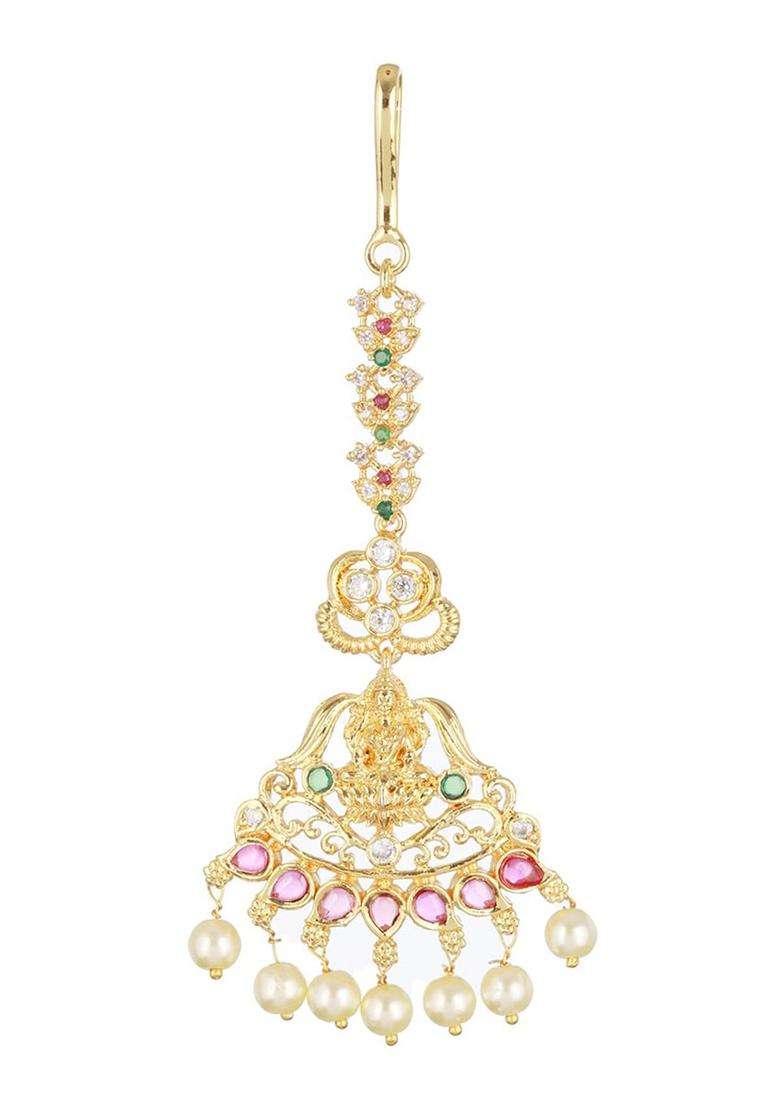 Gold-Plated AD Studded & Pearl Beaded Lakshmi Maang Tikka for Women | Traditional Temple Jewellery for Wedding & Festive Wear | Gift for Her - Indya