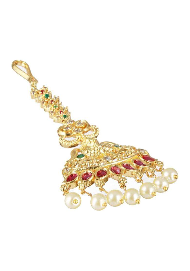 Gold-Plated AD Studded & Pearl Beaded Lakshmi Maang Tikka for Women | Traditional Temple Jewellery for Wedding & Festive Wear | Gift for Her - Indya